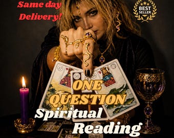 May include: A spiritual reading service featuring tarot cards, a purple candle, and a decorative goblet. The text reads: Same day Delivery!, BEST SELLER, ONE QUESTION, Spiritual Reading. The image displays gold snake rings and jewelry.