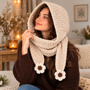 Könnte beinhalten: Ein beigefarbener Kapuzenschal mit gerippter Strickstruktur und zwei hängenden Häkelblumen an den Enden. Die Blumen haben cremefarbene Blütenblätter und eine dunkelbraune Mitte. Der Schal wird über einem dunkelbraunen Strickpullover getragen.
