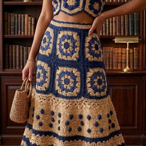 Könnte beinhalten: Ein zweiteiliges Häkelset bestehend aus einem kurzärmeligen bauchfreien Oberteil und einem wadenlangen Rock. Beide Teile zeigen ein wiederkehrendes Muster aus beigen und marineblauen Granny Squares mit floralem Design und Noppenmuster.