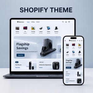 Könnte beinhalten: Ein Laptop und ein Smartphone mit einem Shopify-Theme für einen Elektronikladen. Die Bildschirme zeigen ein Navigationsmenü, Produktkategorien und ein Banner mit der Aufschrift Flagship Savings sowie eine Soundbar und eine Heißluftfritteuse.