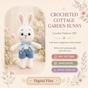 Könnte beinhalten: Ein weißes gehäkeltes Amigurumi-Kaninchen, das eine blaue Latzhose mit einer hellblauen karierten Fliege trägt. Das Bild enthält den Text: CROCHETED COTTAGE GARDEN BUNNY, Crochet Pattern PDF, Cute bunny amigurumi crochet tutorial, PDF PATTERN, AMIGURUMI, INSTANT DOWNLOAD, Digital Files.