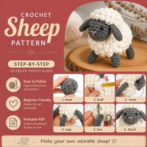 Könnte beinhalten: Eine Häkelanleitung für ein Schaf mit einem fertigen Schaf-Spielzeug in Creme und Dunkelgrau. Die Grafik enthält den Text Crochet Sheep Pattern, Step-By-Step Detailed Photo Guide und sechs nummerierte Anleitungsfotos zum Zusammenbau.