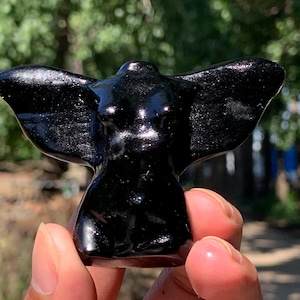 Peut inclure: Une figurine noire brillante en forme d'ange aux ailes déployées. La sculpture a une surface lisse et polie et est tenue dans une main. L'arrière-plan est flou, avec un feuillage vert et la lumière du soleil.