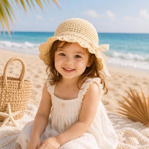Peut inclure: Une jeune enfant porte un chapeau de soleil en paille beige avec un bord festonné et une robe blanche avec broderie florale. Un sac fourre-tout tissé et une étoile de mer sont sur la plage en arrière-plan.