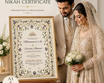 Plantilla editable de certificado de matrimonio islámico Nikkah Nama Certificado de matrimonio floral Contrato de boda dorado y gris Imprimible A4 A3 Descarga digital