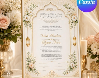Certificado de matrimonio islámico Nikkah de lujo y contrato de matrimonio musulmán editable. Certificado de boda elegante, imprimible, descarga digital A4.