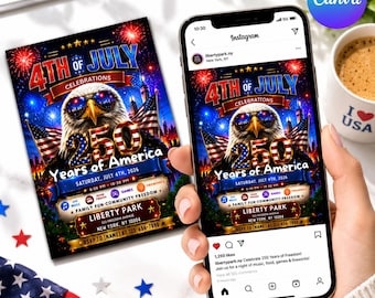 Invitación para la celebración del 4 de julio en EE. UU. (250 aniversario) - Plantilla editable de Canva - Folleto para fiesta patriótica - Descarga instantánea - Diseño de invitación digital