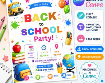 Back to School Party Invitation, Editable Canva Invite, Back to School Bash, School Event Invitation, End of Summer Party, Canva Template