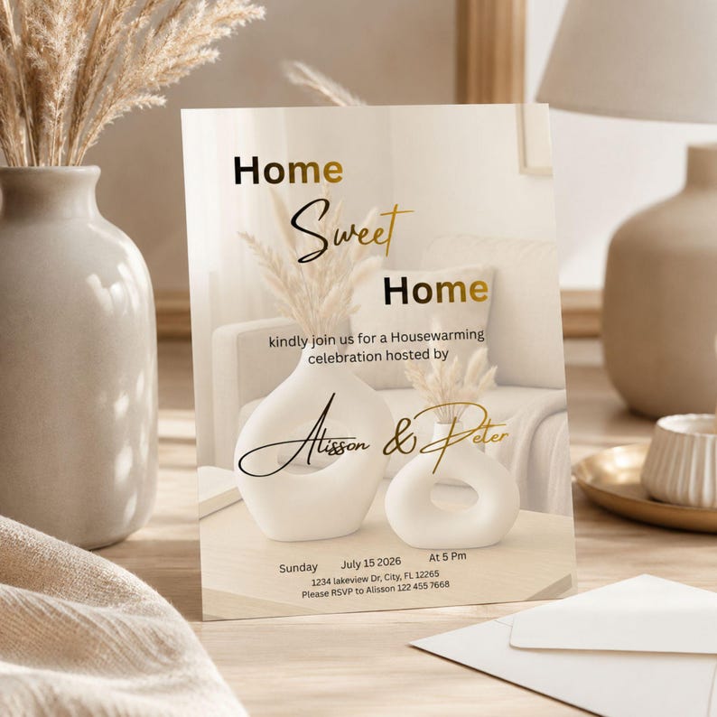May include: A rectangular housewarming invitation card featuring the text Home Sweet Home, kindly join us for a Housewarming celebration hosted by Alisson & Peter, Sunday July 15 2026 at 5 Pm, 1234 lakeview Dr, City, FL 12265, RSVP to Alisson 122 455 7668.