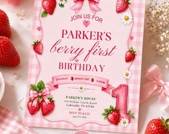 Invitación de primer cumpleaños con diseño de fresas y bayas, plantilla editable de Canva (descarga digital)