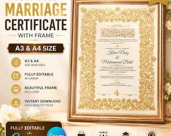 Plantilla editable de Canva para Nikah Nama islámico, certificado de Nikkah dorado de lujo, contrato de boda digital, certificado de matrimonio imprimible en tamaños A4 y A3.