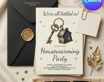 Plantilla editable de invitación para inauguración de casa. Invitación para fiesta de inauguración. Celebración de nuestra nueva casa. Invitación electrónica minimalista en Canva.