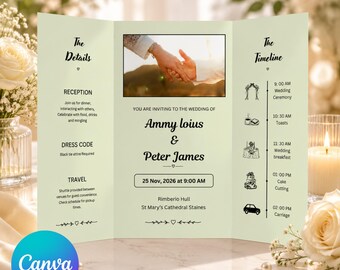 Plantilla de invitación de boda plegable editable en Canva, invitación de boda tríptico, programa de boda plegado y tarjeta con detalles.