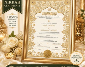 Certificado Nikkah editable, plantilla de contrato matrimonial islámico, certificado de boda musulmán, descarga digital en Canva con página para huella digital gratuita.