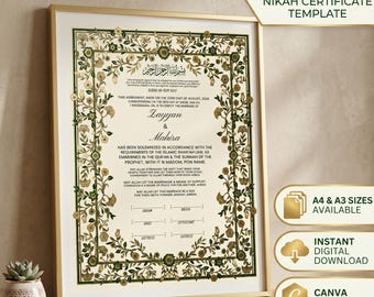 Editable Nikkah Nama & Islamic Marriage Certificate Luxury Gold Floral Wedding Contract, Printable Nikah Certificate, A4 A3 Canva Template