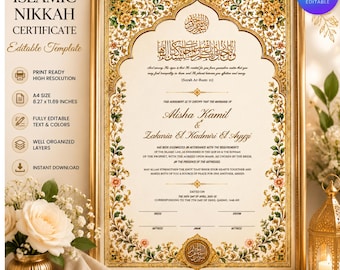 Plantilla de certificado de contrato de matrimonio Nikkah de lujo dorado, editable, contrato de matrimonio islámico Nikkah Nama (A3, A4, 11x17), certificado de matrimonio musulmán