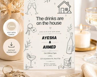 Housewarming Invitation Template Minimalist Home Party Invite Editable Printable Digital Evite Elegant Black Drinks on the House Invitation