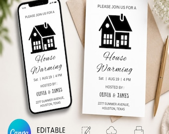 Editable Housewarming Invitation Template Modern Minimalist New Home Party Invite Canva Editable Printable Digital Download Open House Evite