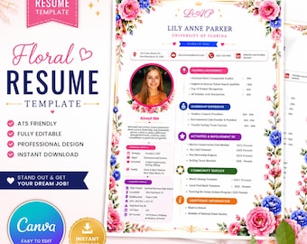 Sorority Resume Template with Photo Editable Canva Resume Feminine Floral Monogram Sorority Rush Recruitment Instant and digital download