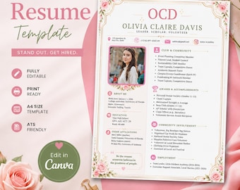 Sorority Resume Template with Photo Editable Canva Rush Resume &  Feminine Floral Monogram Greek Life Recruitment  2026  Resume
