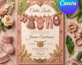 Invitación editable Cielito Lindo Baby Shower para niña Dusty Pink Mexican Fiesta Invite, Talavera Papel Picado Theme, Canva Digital download