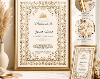 Plantilla editable de certificado Nikkah para hacer tú mismo en Canva. Certificado islámico Nikah Nama y contrato matrimonial dorado. Descarga digital.