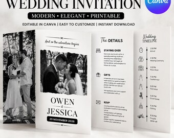 Plantilla de invitación de boda plegable tipo puerta Invitación de boda plegable tipo puerta con foto Canva Invitación de boda minimalista plegable tipo tríptico editable Invitación de boda plegada