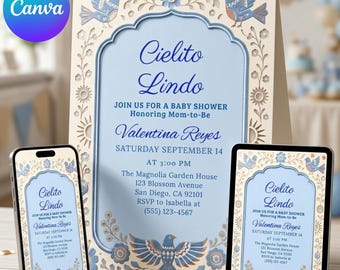 Invitación editable al baby shower de Cielito Lindo, invitación a la fiesta mexicana azul polvoriento, pájaros de arte popular de Talavera, diseño floral de Papel Picado,