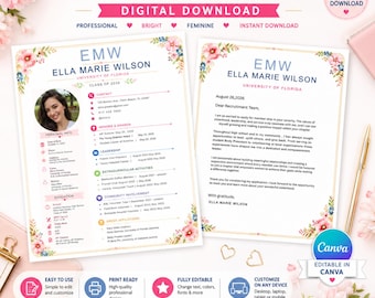 Modelo de currículo para fraternidade com foto, estilo floral rosa, currículo editável para candidatas a vagas de fraternidade (PNM), currículo para recrutamento de fraternidades (Canva download).