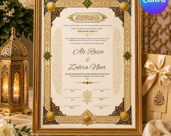 Certificado Nikkah editable, plantilla de contrato matrimonial islámico y certificado de boda musulmán en Canva (descarga digital)