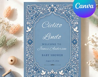 Cielito Lindo Signo de bienvenida para niño, Baby Shower Azul Talavera Tema Fiesta Mexicana, Plantilla editable Papel Picado Canva, Descarga digital