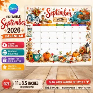 May include: A horizontal September 2026 calendar featuring autumn illustrations including a blue bicycle, a teal pickup truck, pumpkins, sunflowers, a coffee mug, and a lantern. The calendar grid displays days of the week and dates, with the text September 2026.