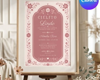 Invitación para baby shower de niña Cielito Lindo, Talavera rosa empolvado, temática de fiesta mexicana, papel picado, invitación española, plantilla editable de Canva