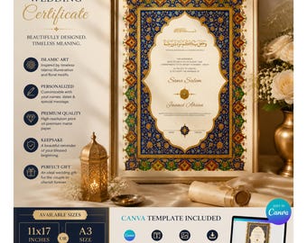Plantilla de certificado Nikkah editable de lujo Contrato de boda islámico Certificado de matrimonio musulmán Nikah Nama imprimible Descarga digital A3