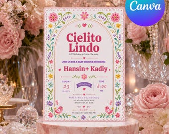 Plantilla de invitación de baby shower de Cielito Lindo rosa, invitación de baby shower de fiesta mexicana, tema de papel picado floral de Talavera, Canva editable