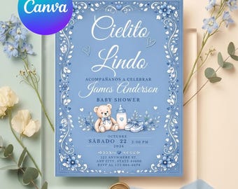 Plantilla editable de invitación a baby shower Cielito Lindo, diseño de papel picado de Talavera azul polvoriento, tema de fiesta mexicana floral de terracota,
