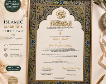 Plantilla editable de certificado Nikkah islámico Nikah Nama Certificado de boda musulmán Canva Matrimonio de lujo dorado editable Nikah Nama islámico