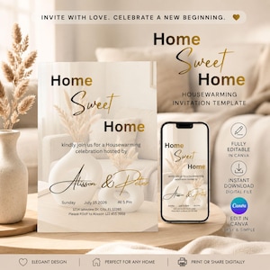 May include: A housewarming invitation template featuring the text Home Sweet Home in gold script and serif fonts. The design includes images of white ceramic vases with dried pampas grass. The invitation displays event details for Alisson and Peter.
