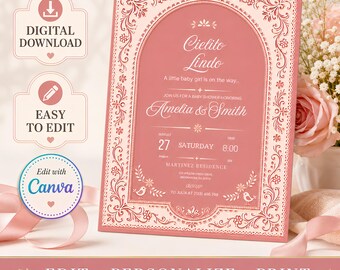 Editable Cielito Lindo Baby Shower Invitation Template, Editable Canva Mexican Baby Shower Invite, Dusty Pink Talavera Papel Picado Design