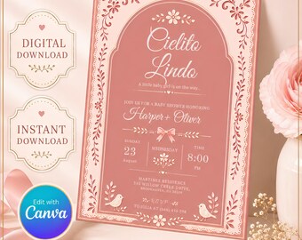 Cielito Lindo Baby Shower Invitation, Pink Talavera Fiesta Template, Editable Canva Mexican Baby Shower Invite, Papel Picado Spanish Theme