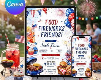 Invitación a barbacoa del 4 de julio, invitación a la fiesta del 250 aniversario de Estados Unidos, barbacoa patriótica del Día de la Independencia, celebración con amigos, comida y fuegos artificiales.