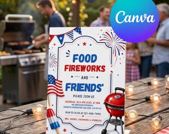 Invitación a barbacoa del 4 de julio, invitación a la fiesta del 250 aniversario de EE. UU., barbacoa patriótica del Día de la Independencia, comida, amigos y fuegos artificiales, plantilla de Canva