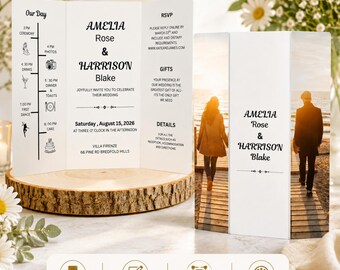 Plantilla minimalista de invitación de boda plegable con foto, invitación de boda en acuarela para el lugar de la celebración, programa de boda tríptico, tarjeta con detalles de la boda,