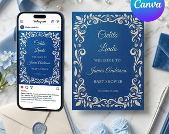 Invitación editable Cielito Lindo Baby Shower para niña, tema fiesta mexicana, invitación digital Papel Picado Talavera, azul pastel, Canva