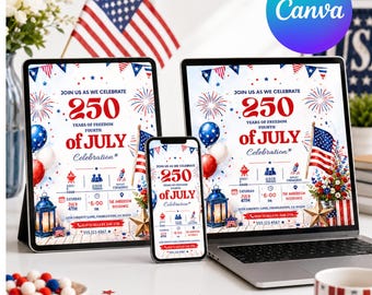 Invitación para el 4 de julio, invitación para la fiesta del 250 aniversario de Estados Unidos, celebración de barbacoa del Día de la Independencia, comida, amigos y fuegos artificiales, plantilla patriótica de Canva.