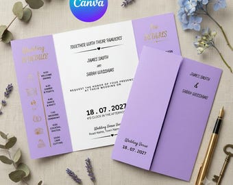 Plantilla de invitación de boda plegable editable en Canva, invitación de boda tríptico imprimible, invitación de matrimonio, tarjeta de detalles de boda.