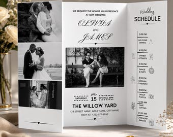 Plantilla de invitación de boda plegable, invitación de boda con foto editable en Canva, invitación tríptico plegable, invitación de boda minimalista plegable.