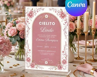 Invitación de baby shower Dusty Pink Cielito Lindo para niña, tema Fiesta Mexicana Talavera & Papel Picado, invitación digital editable Canva