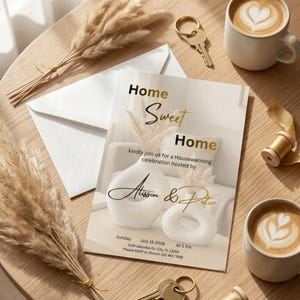 May include: A housewarming invitation card featuring the text Home Sweet Home, kindly join us for a Housewarming celebration hosted by Alisson & Peter, Sunday July 15 2026 at 5 PM, 1234 lakeview Dr, City, FL 12265, RSVP 122 455 7668.