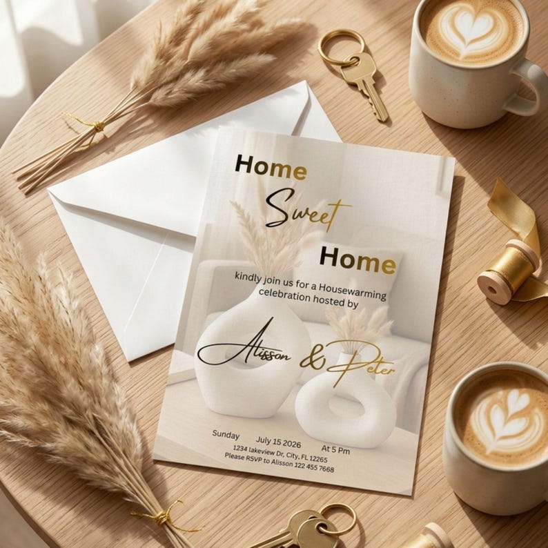 May include: A housewarming invitation card featuring the text Home Sweet Home, kindly join us for a Housewarming celebration hosted by Alisson & Peter, Sunday July 15 2026 at 5 PM, 1234 lakeview Dr, City, FL 12265, RSVP 122 455 7668.